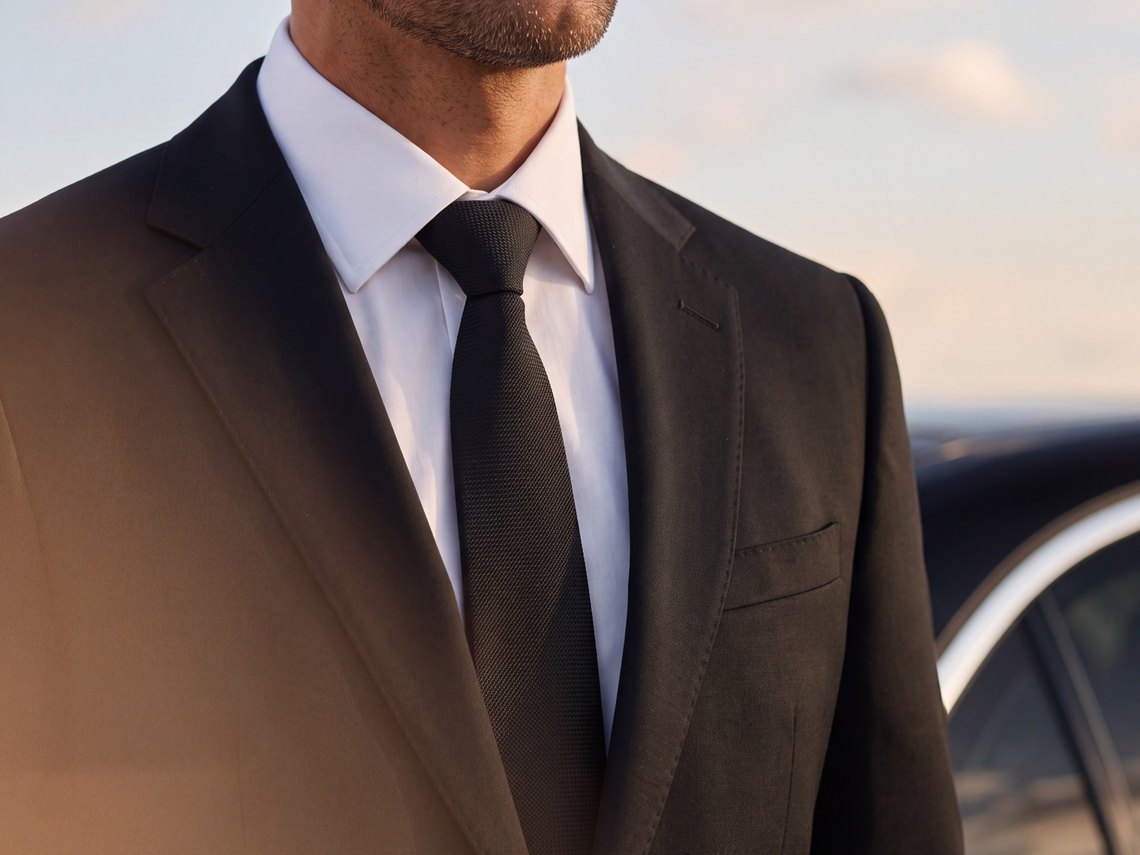 LuxLimo chauffeur in a dark suit, white shirt and black tie beside the car